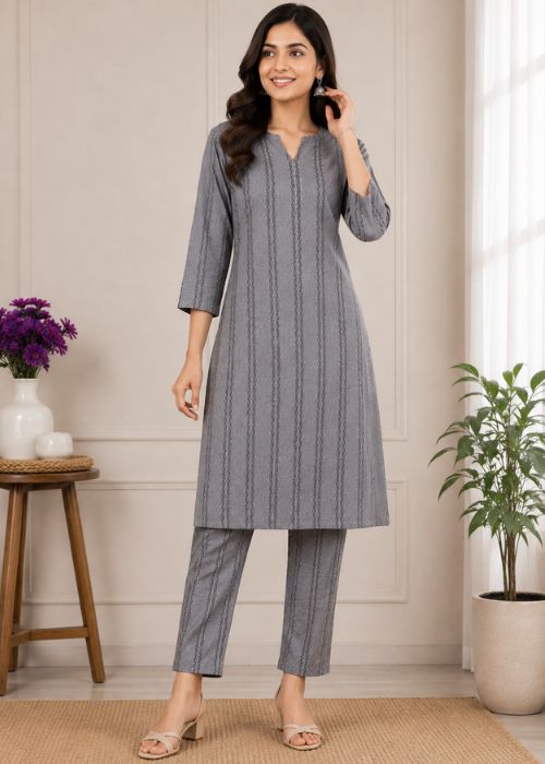 Cotton Blend Textured Kurta Pant Set