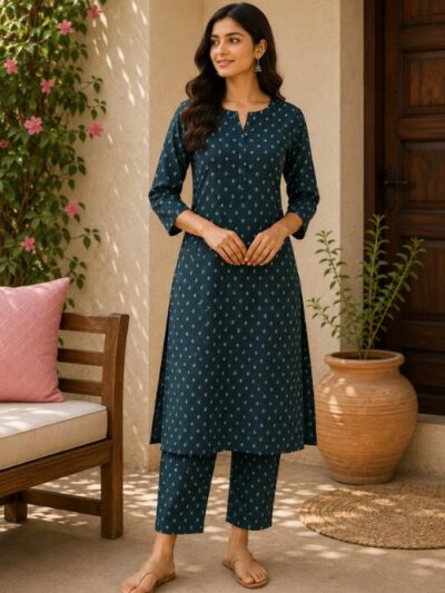 Teal Printed Straight Kurta Set