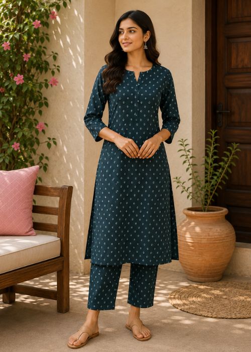 Teal Printed Straight Kurta Set