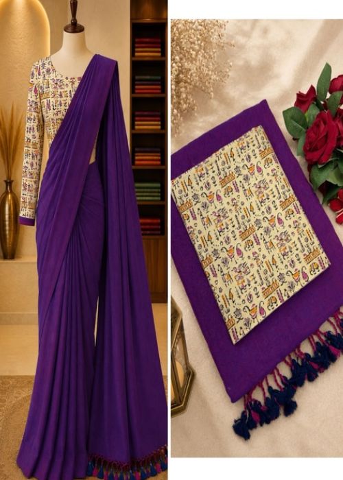 Pure Cotton Saree - 5 with Kalamkari Blouse - Image 2