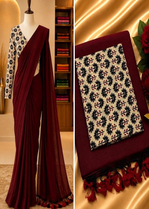 Pure Cotton Saree - 6 with Kalamkari Blouse - Image 5