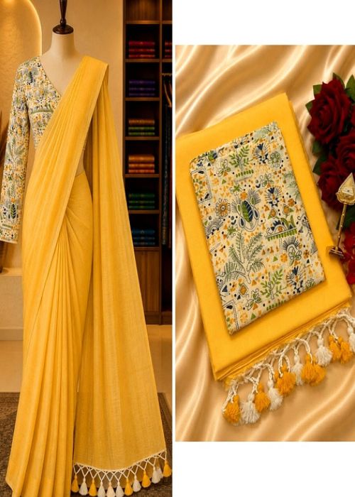 Pure Cotton Saree - 5 with Kalamkari Blouse - Image 9