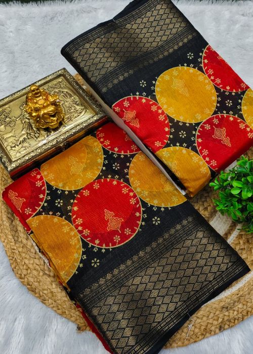 Linen Saree - Circular Motif Printed Saree - Image 6