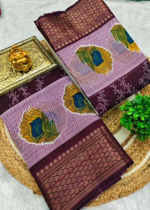 Linen Saree - Peacock Feather Print - Image 8