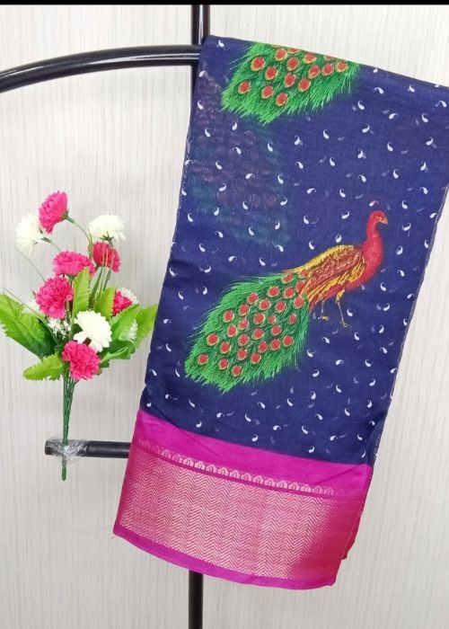 Linen Saree - Peacock Design - Image 2