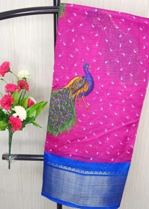 Linen Saree - Peacock Design - Image 3