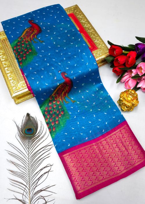 Linen Saree - Peacock Design - Image 4